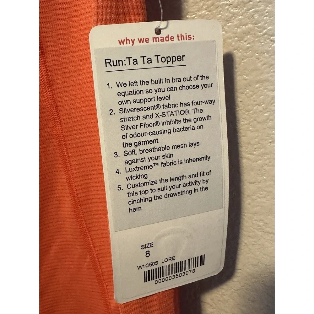 LULULEMON Run Ta Ta Topper Tank Top in Love Red Orange Sz 8‎ NWT LW1C50S
